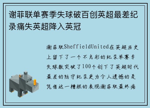 谢菲联单赛季失球破百创英超最差纪录痛失英超降入英冠 谢菲联单赛季失球破百创英超最差纪录痛失英超降入英冠